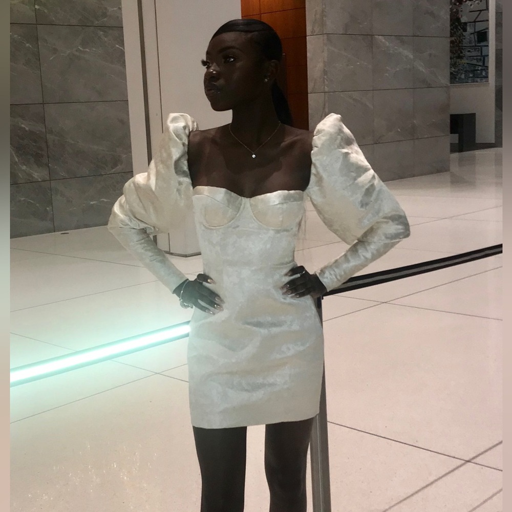 MINI EVENING DRESS W/ PUFF SHOULDERS LONG SLEEVES